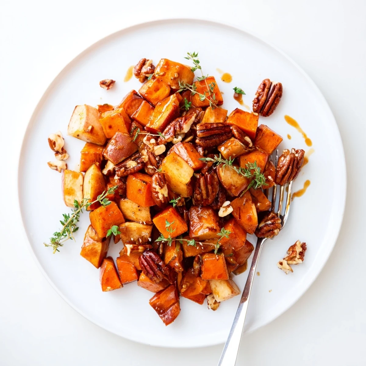 Golden roasted sweet potatoes and apples glistening with warm cinnamon maple glaze on a white serving plate
