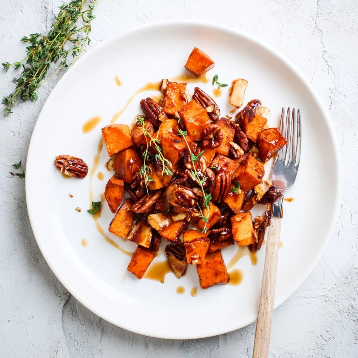 Comforting autumn side dish of roasted sweet potatoes and apples drizzled with buttery cinnamon maple glaze and fresh thyme