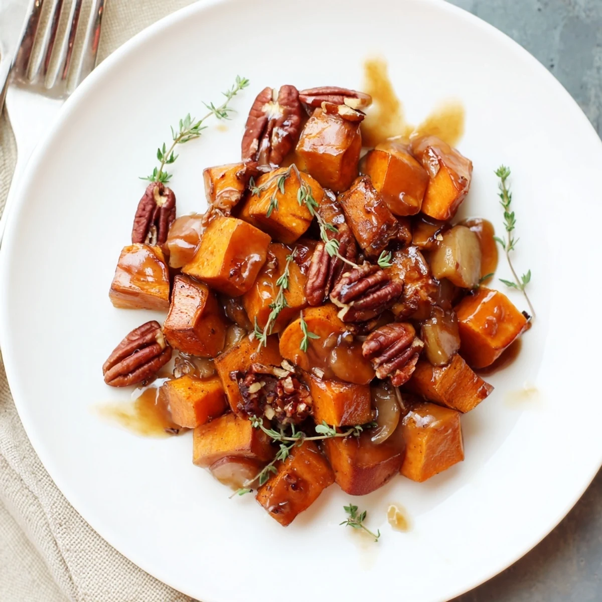 Rustic baking sheet filled with tender caramelized sweet potato cubes and apple chunks coated in spiced maple syrup
