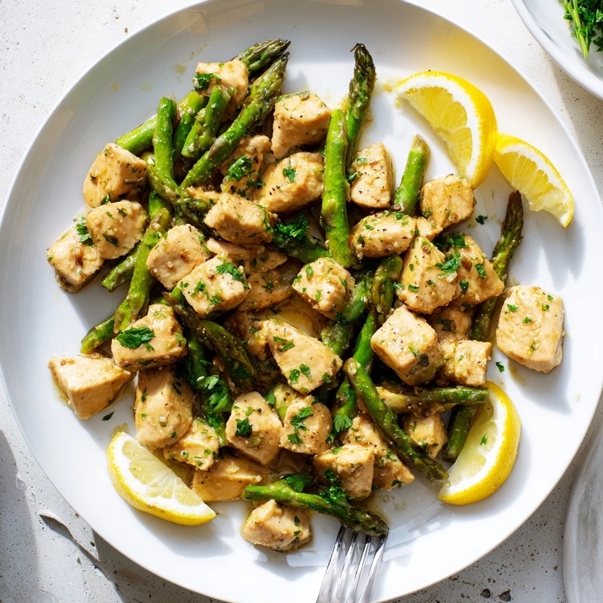 Golden garlic butter chicken bites served with crisp asparagus spears on a white plate
