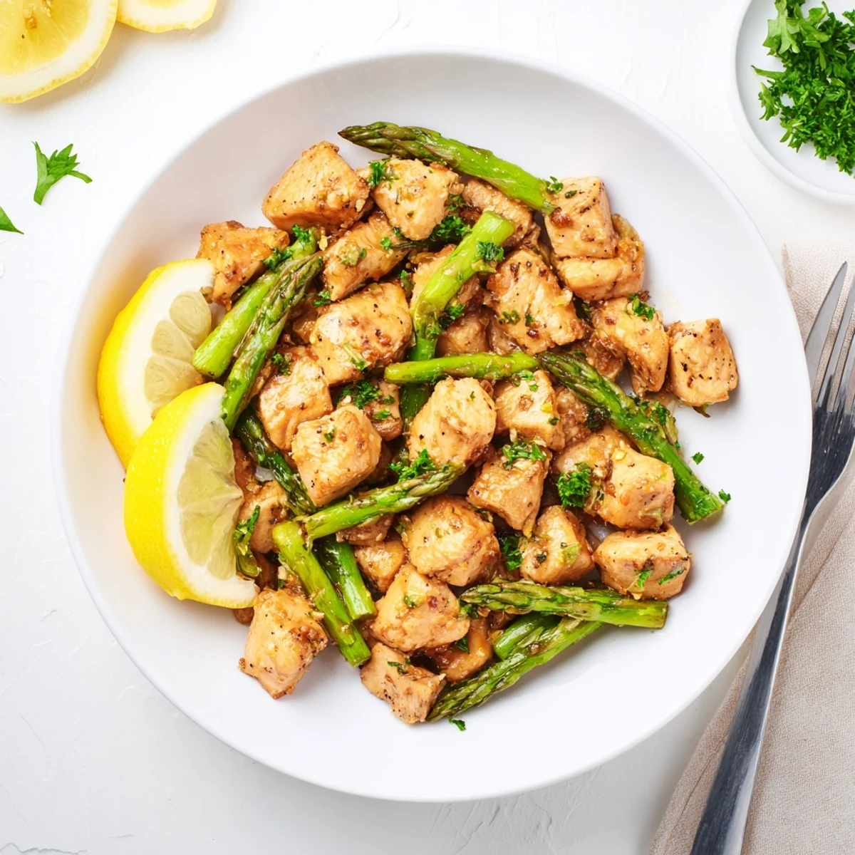 Tender pan-seared chicken cubes tossed in rich garlic butter sauce alongside bright green asparagus