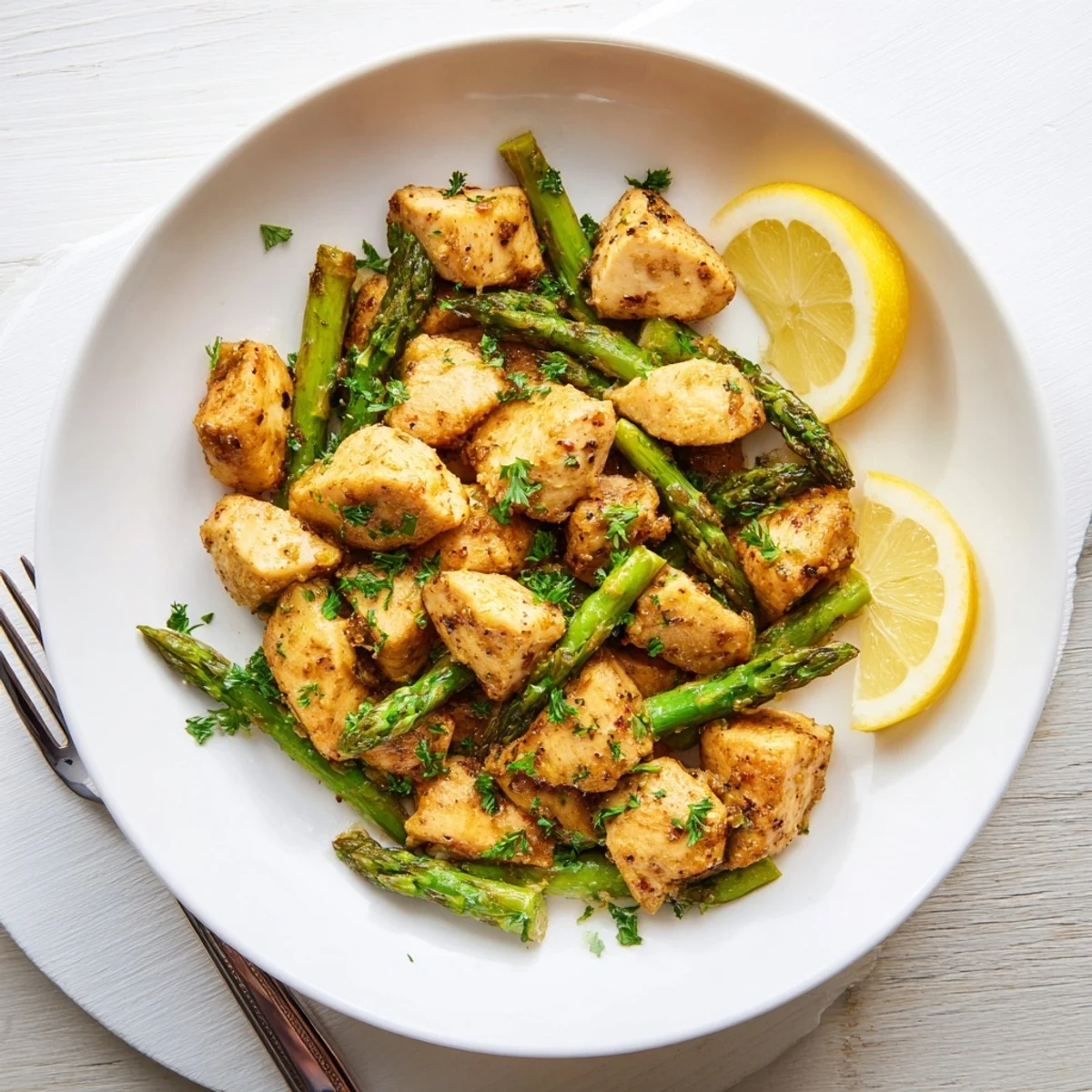 Savory chicken bites and tender asparagus cooked in melted butter with fresh parsley garnish