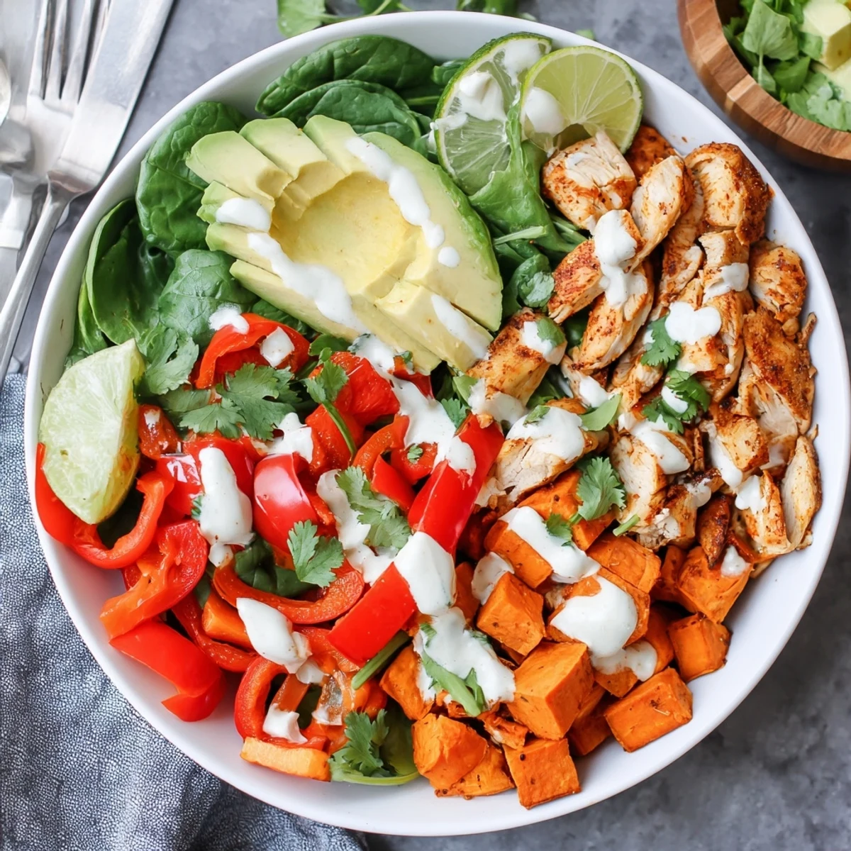 Colorful chicken sweet potato bowl with roasted vegetables, avocado slices, and fresh cilantro garnish