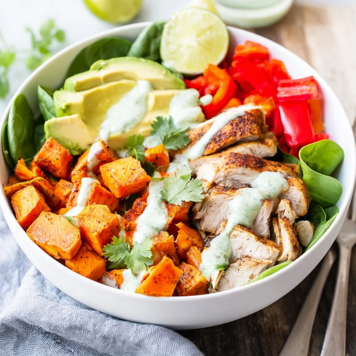 Healthy meal prep chicken sweet potato bowl featuring tender spiced chicken over vibrant veggies and greens