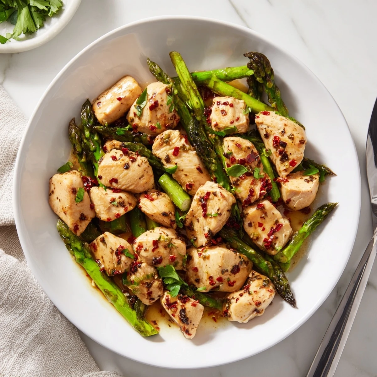 Golden brown chicken bites in garlic butter sauce with bright green asparagus pieces