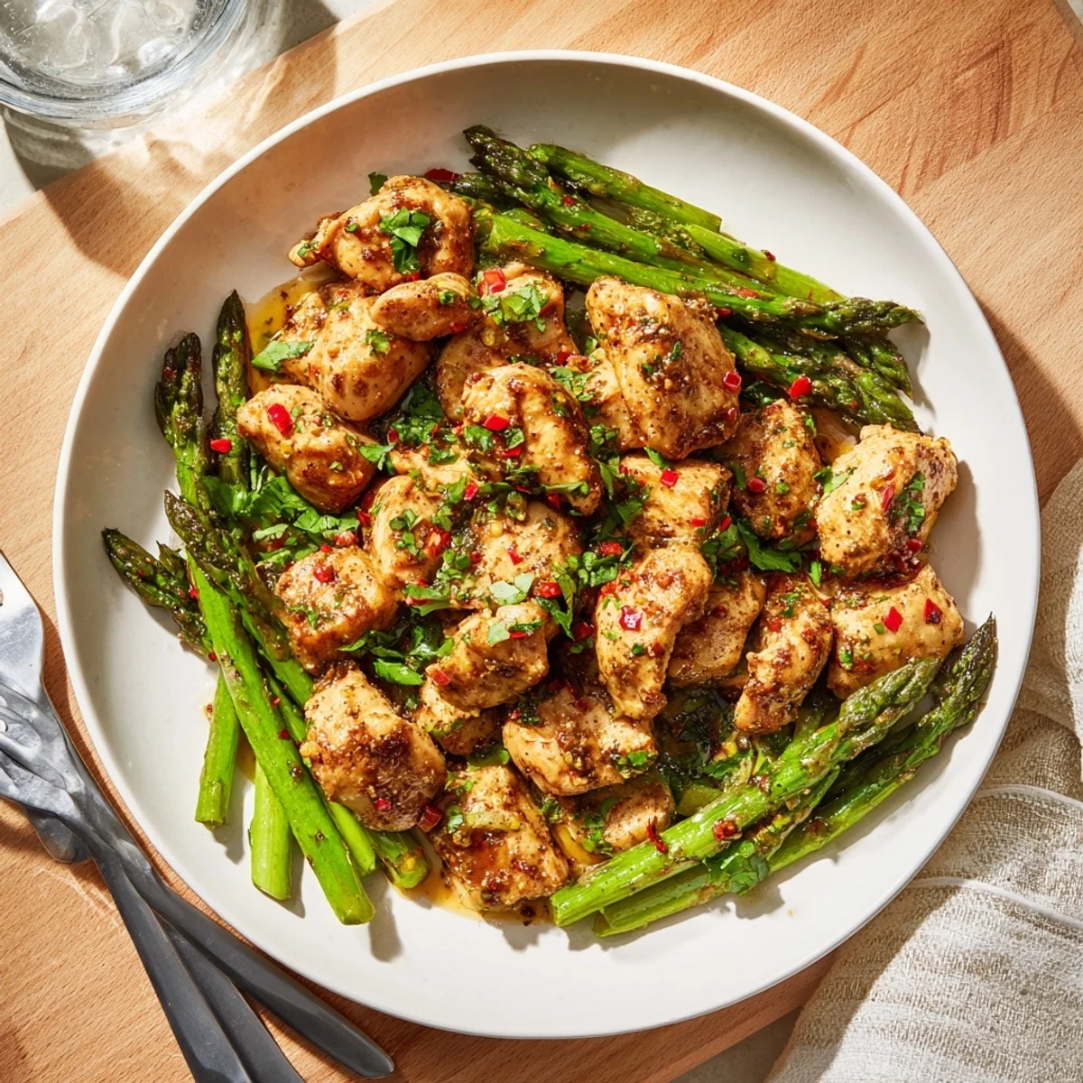 Tender seared chicken with asparagus coated in rich buttery garlic sauce on white plate