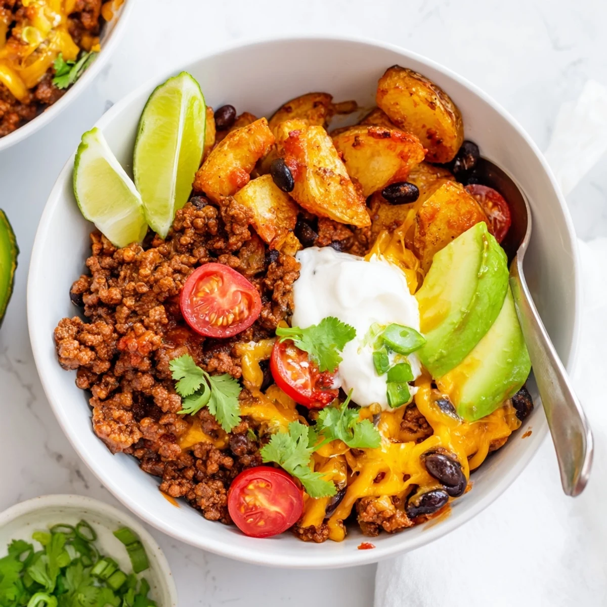 Hearty ground beef potato taco bowl loaded with melted cheese, fresh avocado, and zesty toppings