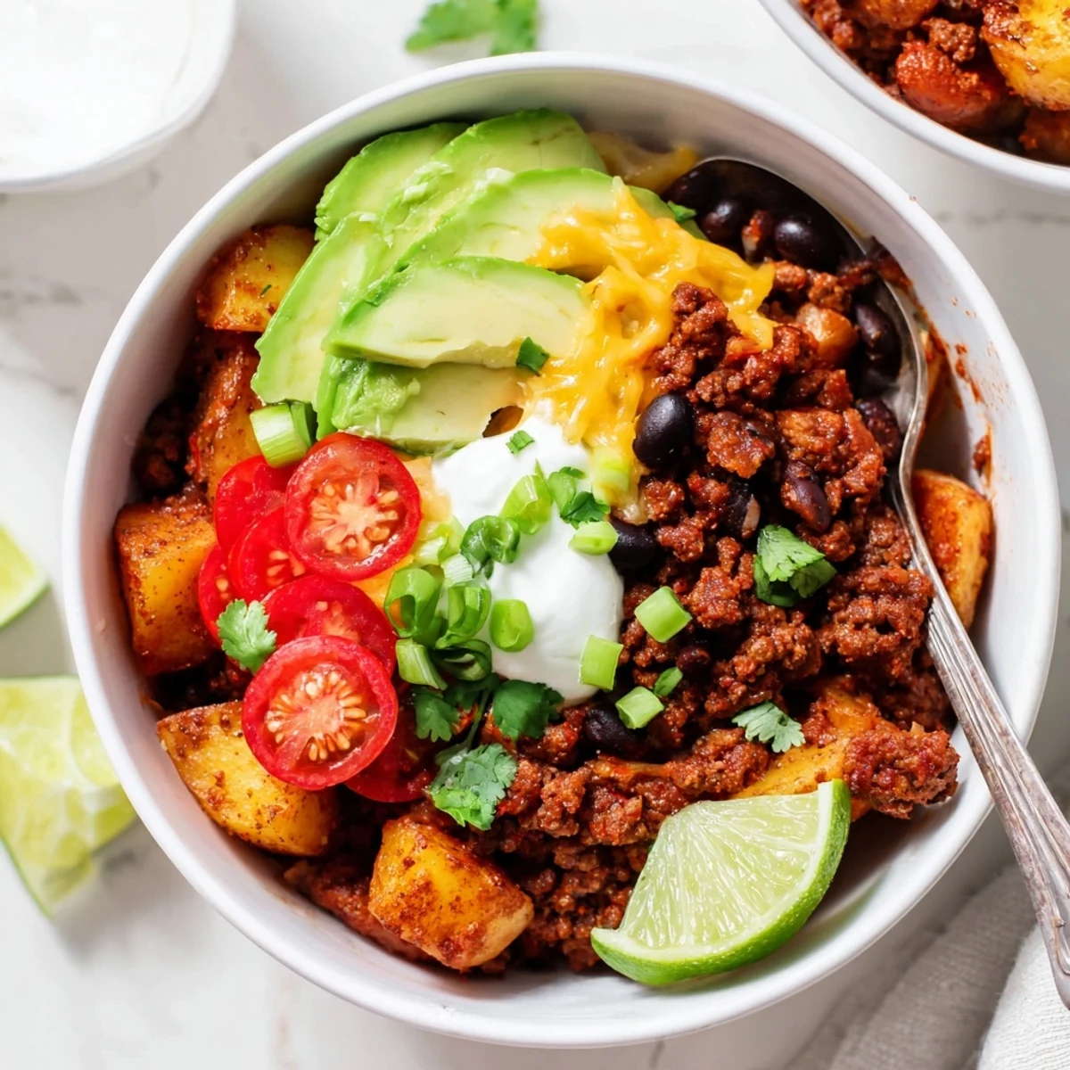 Crispy roasted potatoes and seasoned ground beef create this satisfying Tex-Mex taco bowl dinner