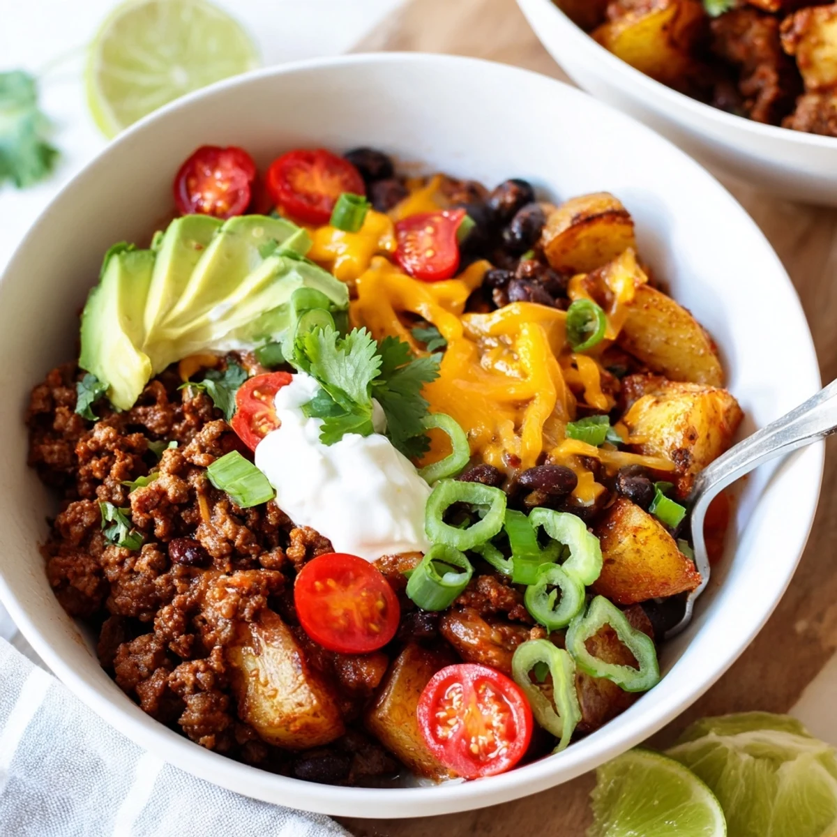 Colorful ground beef potato taco bowl topped with cilantro, tomatoes, sour cream, and lime wedges