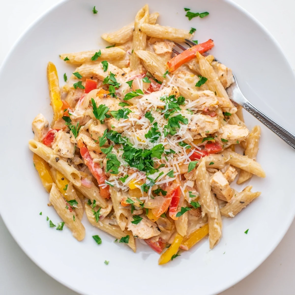 Golden Cajun-spiced chicken strips tossed with penne pasta in a rich creamy Parmesan sauce with colorful bell peppers