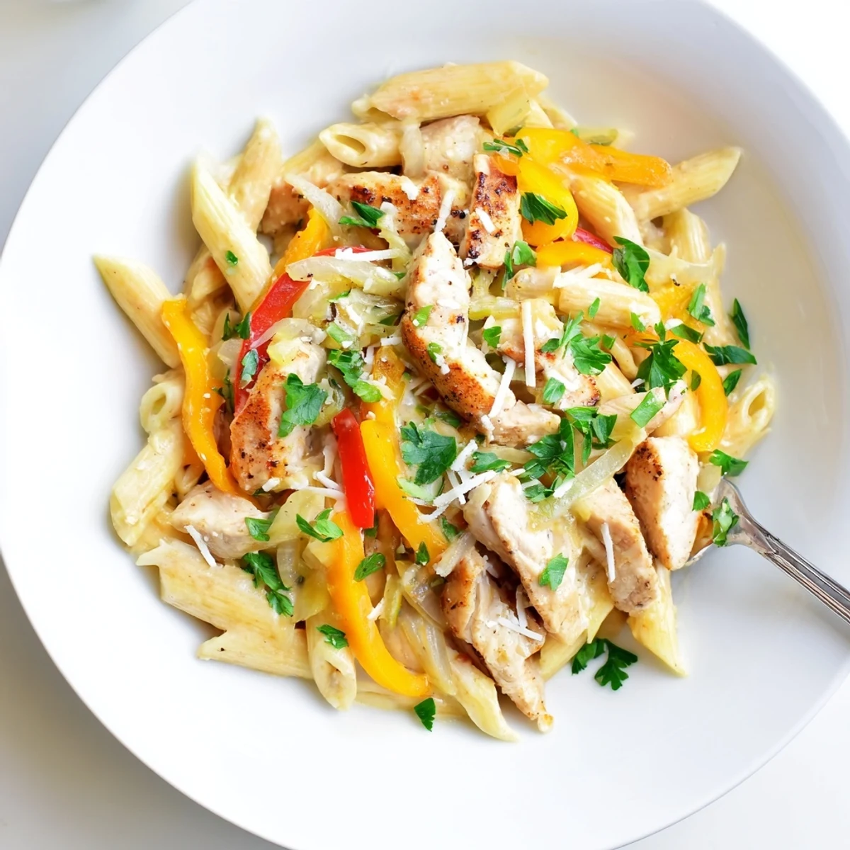 Sizzling Cajun chicken breast served over penne noodles coated in a velvety white cream sauce with red and yellow peppers