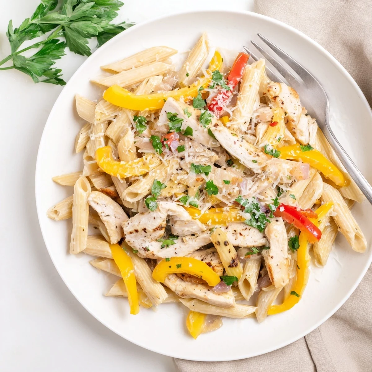 Plate of creamy Cajun chicken penne pasta garnished with fresh parsley and grated Parmesan cheese