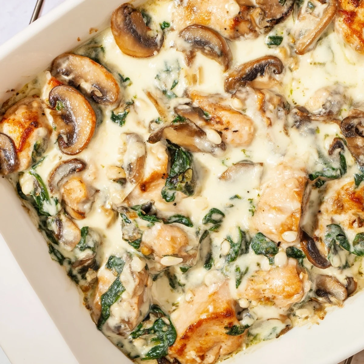 Bubbling cheese-covered casserole dish featuring tender chicken, sautéed mushrooms, and fresh spinach in this low-carb chicken spinach mushroom bake