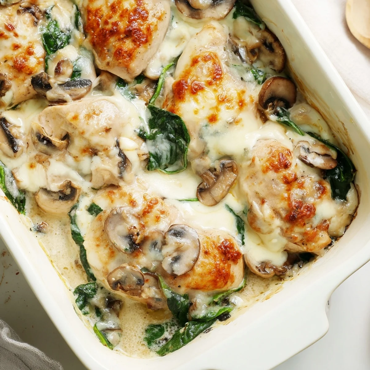 Golden brown chicken breasts topped with melted mozzarella, mushrooms, and wilted spinach in a creamy low-carb chicken spinach mushroom bake