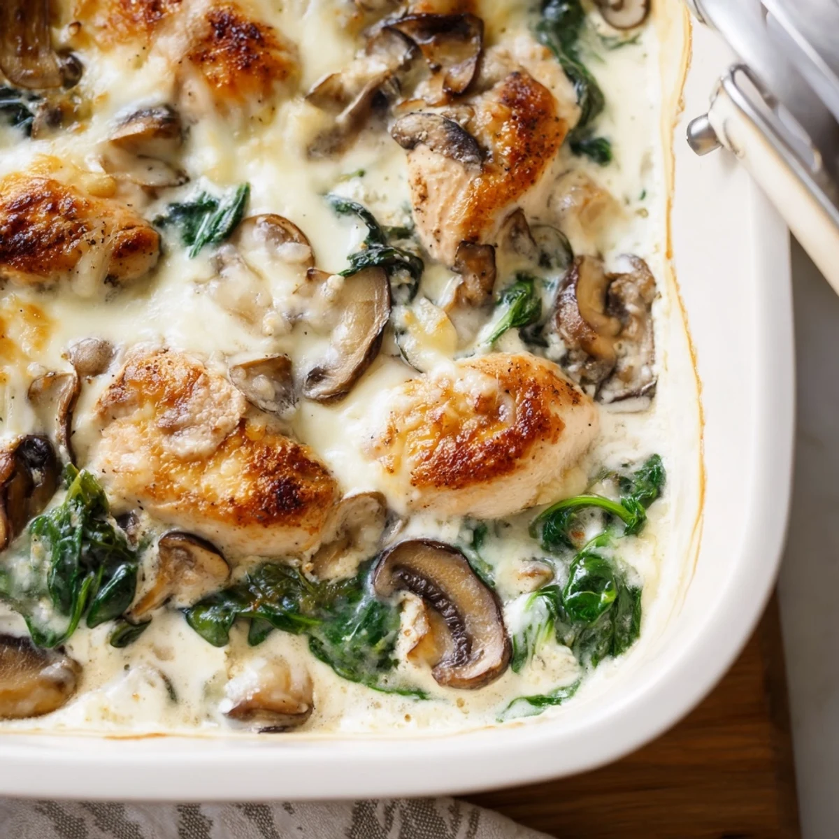 Juicy baked chicken with earthy mushrooms, spinach, and melted cheese creating a savory low-carb chicken spinach mushroom bake perfect for dinner