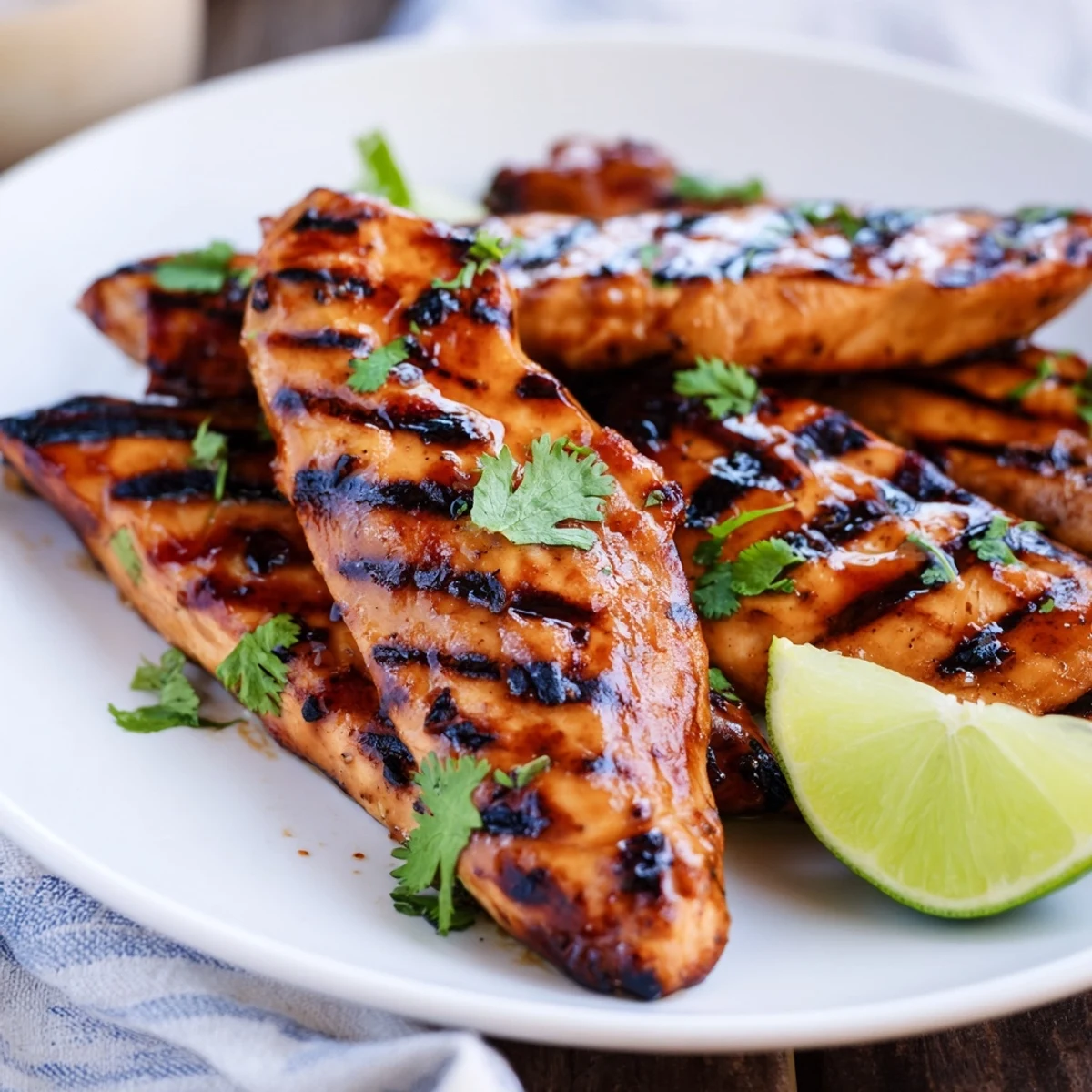 Golden grilled mango chicken garnished with fresh cilantro and served with lime wedges
