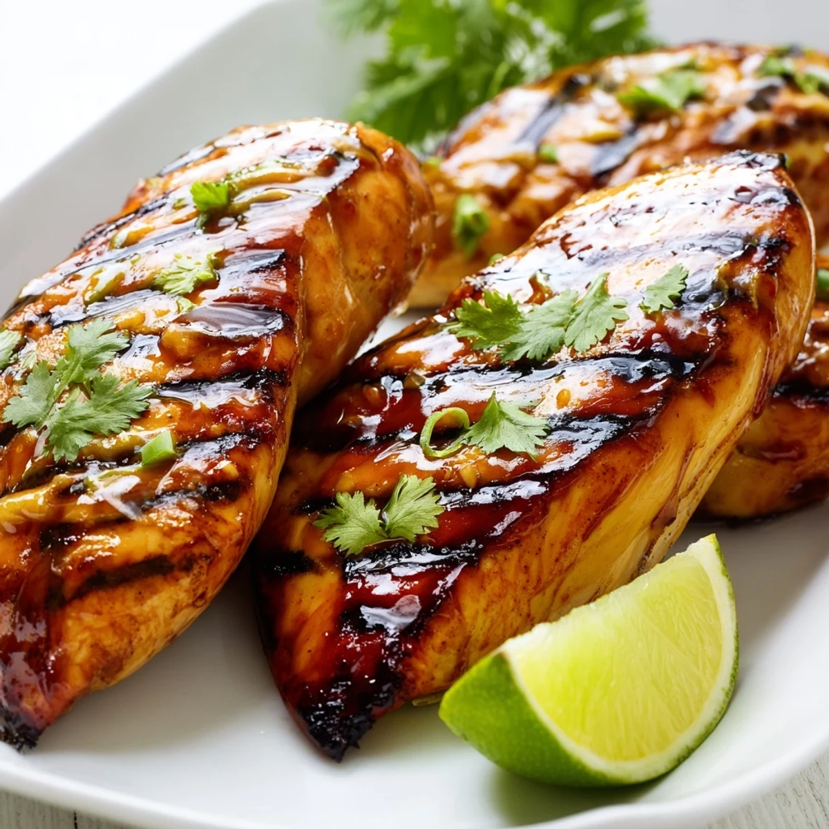 Juicy grilled mango chicken breasts glazed with sweet tropical marinade on a white plate