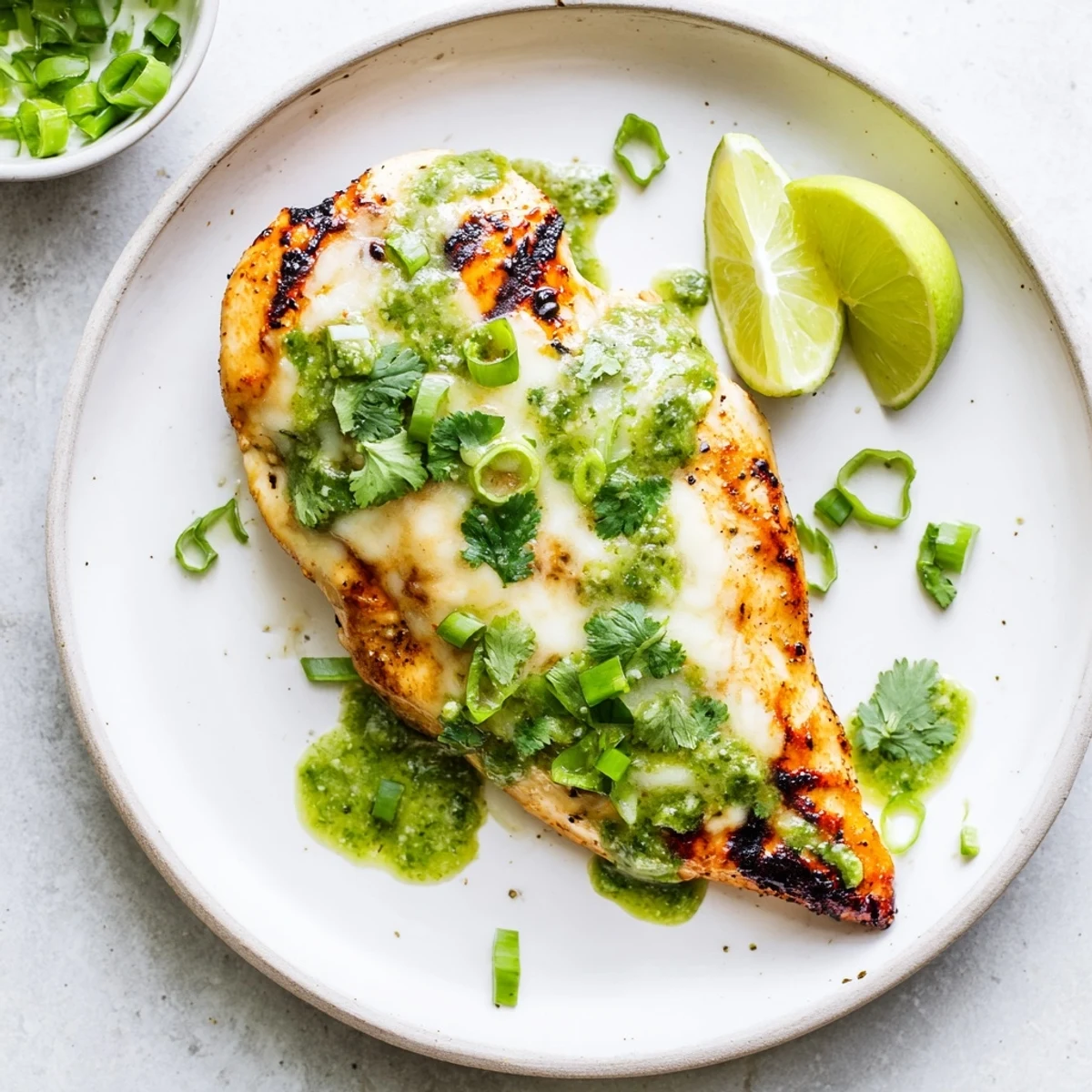 Golden grilled chicken breast bubbling with melted pepper jack cheese and vibrant green salsa verde topping