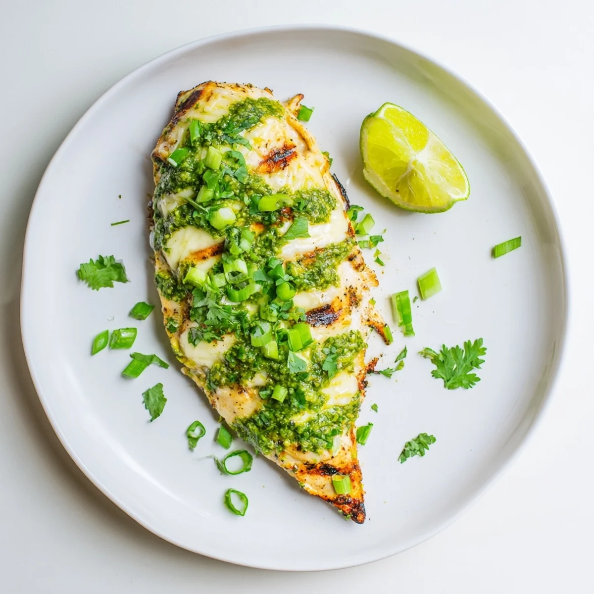 Plate of grilled chicken featuring gooey pepper jack and tangy salsa verde garnished with fresh green onions