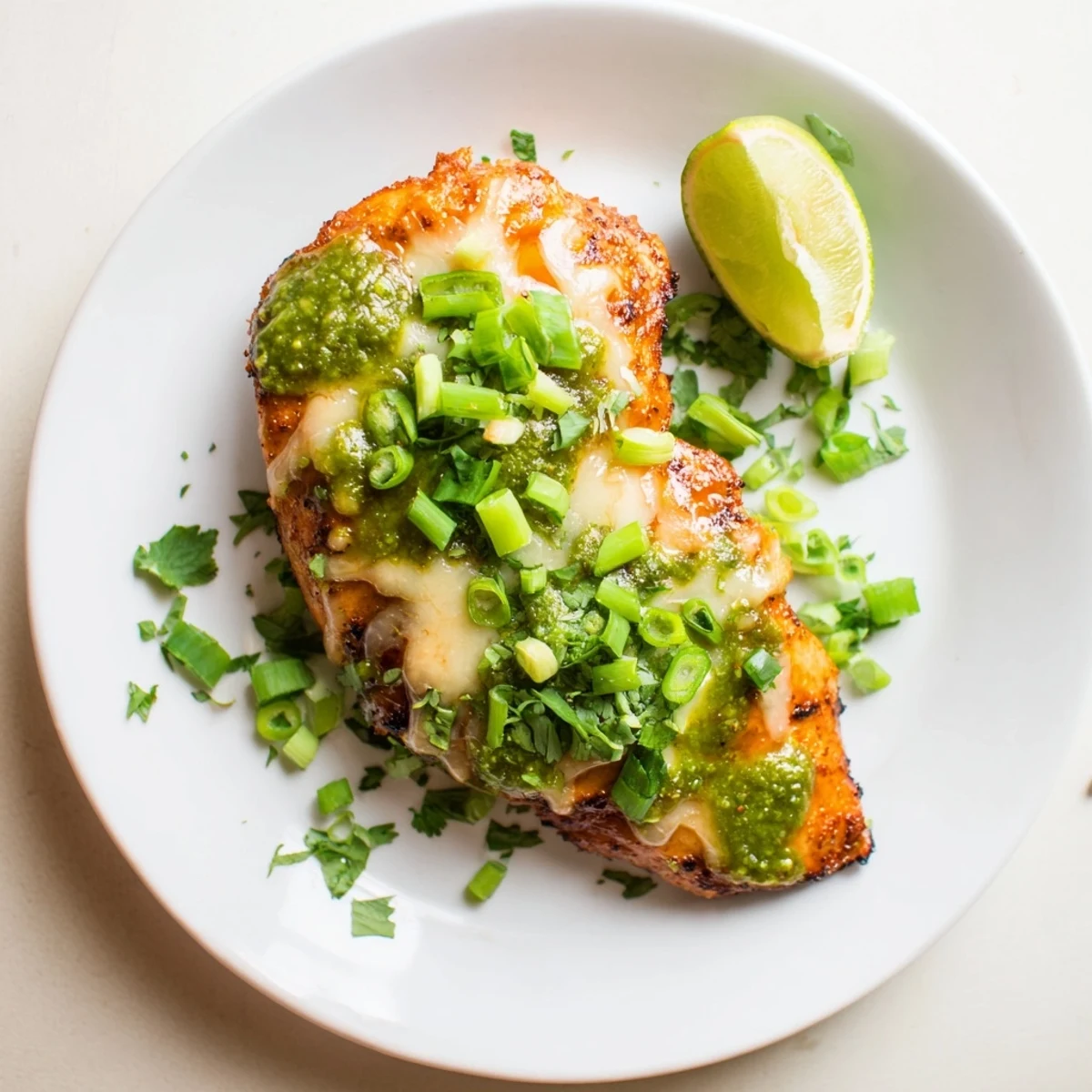 Juicy spice-rubbed chicken from the grill crowned with zesty salsa verde and creamy pepper jack cheese