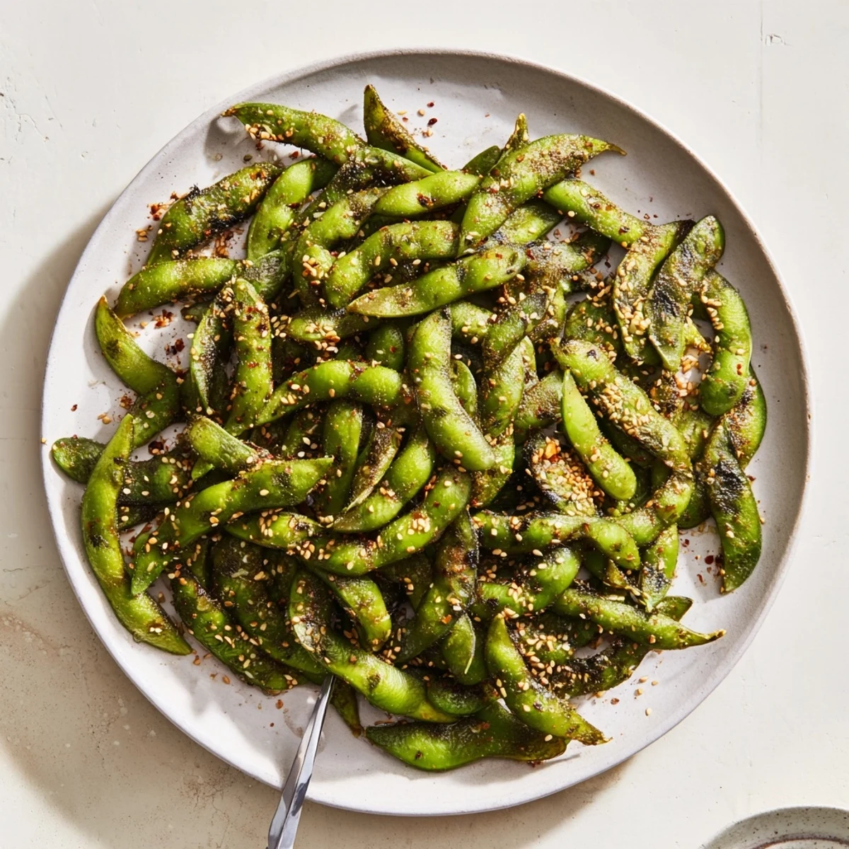 Golden air fryer edamame pods seasoned with garlic powder and smoked paprika in a serving bowl