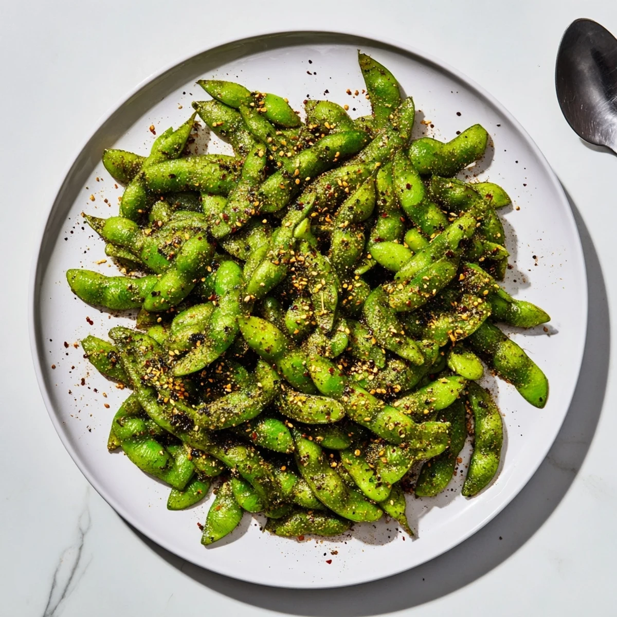 Vibrant green air fryer edamame pods lightly salted and garnished with lime wedges for healthy snacking