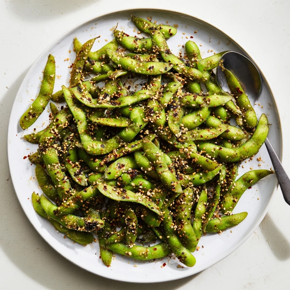 Crispy protein-rich air fryer edamame sprinkled with toasted sesame seeds and chili flakes on a wooden board