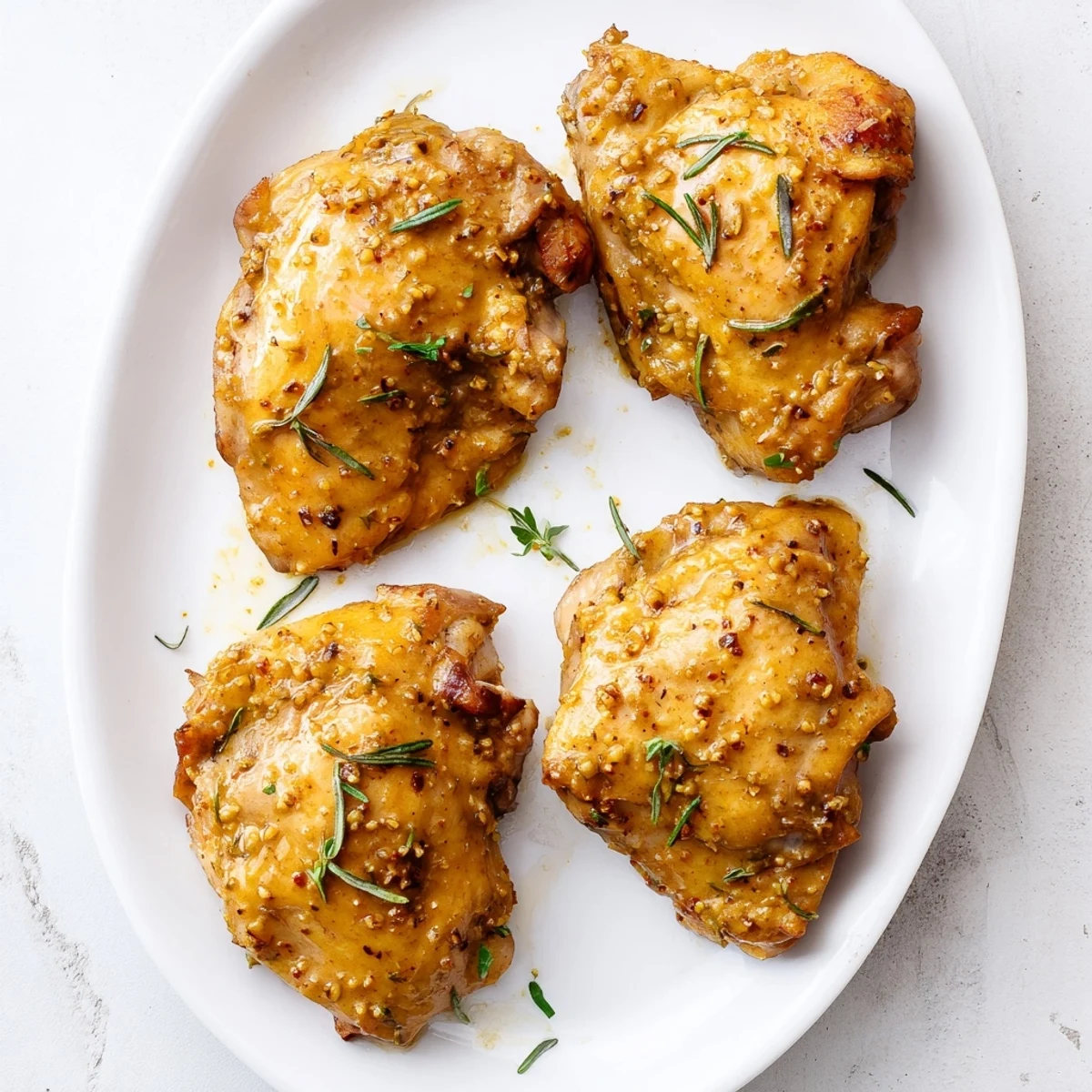 Golden brown baked honey mustard chicken thighs glazed with sticky sweet tangy sauce in a ceramic baking dish