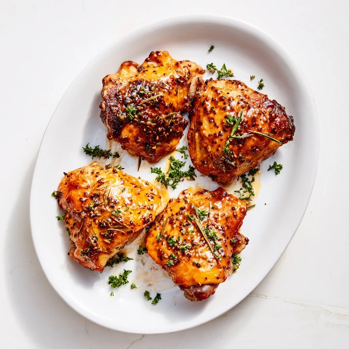 Tender juicy honey mustard chicken resting on a white plate with fresh parsley garnish and pan drippings
