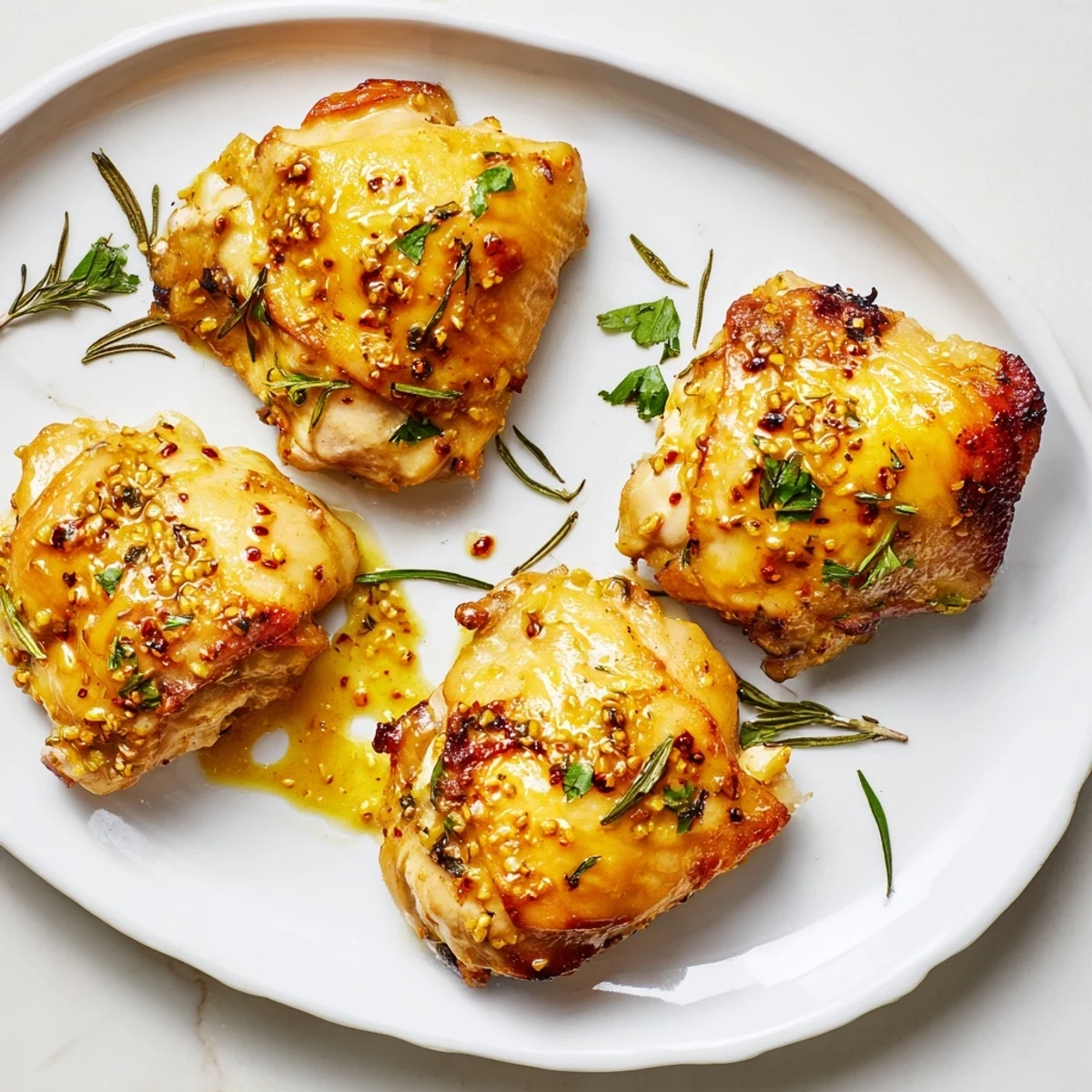 Crispy skinned honey mustard chicken pieces coated in caramelized honey mustard glaze served with roasted vegetables