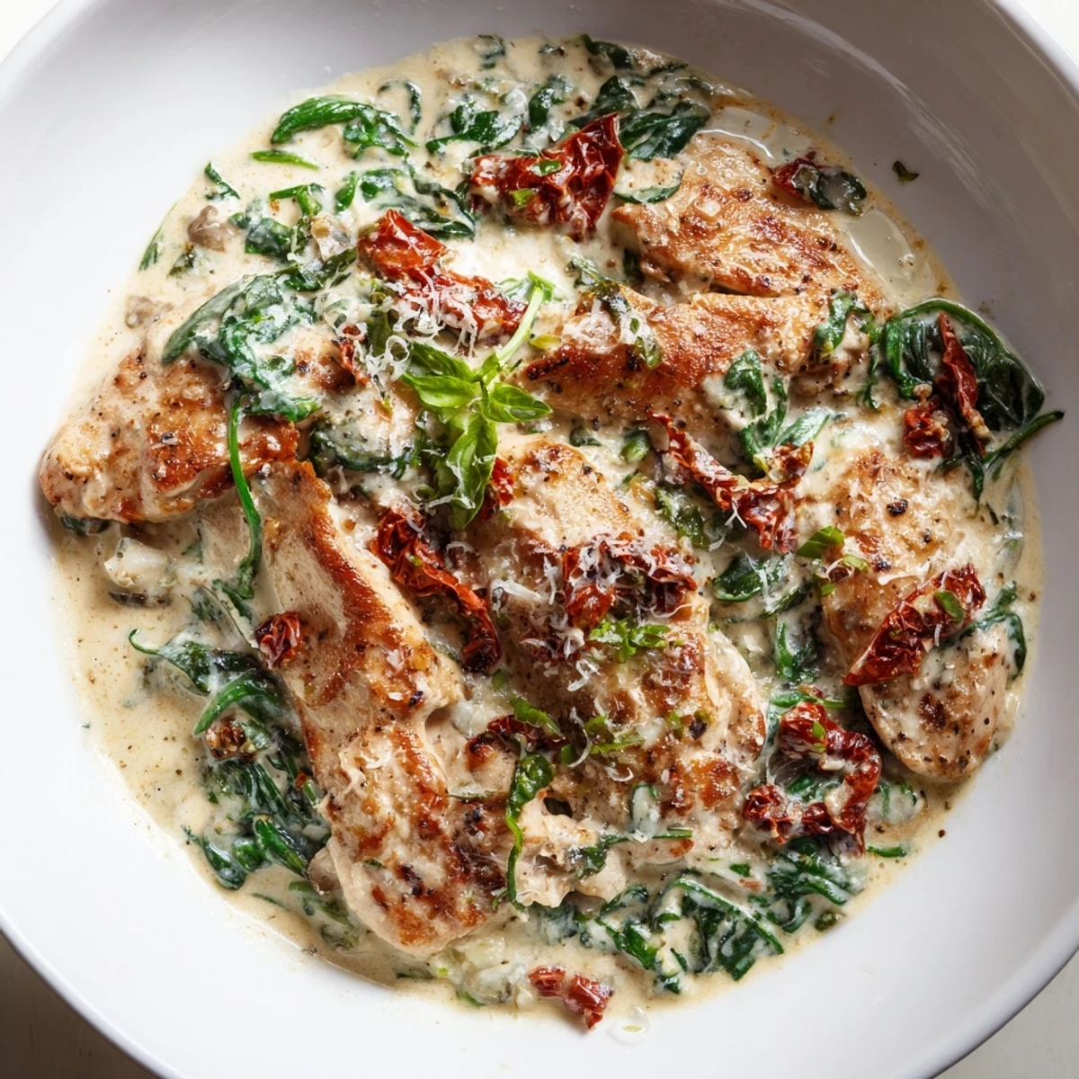 Plated low carb creamy Tuscan chicken featuring wilted spinach and parmesan garnish over white dinnerware