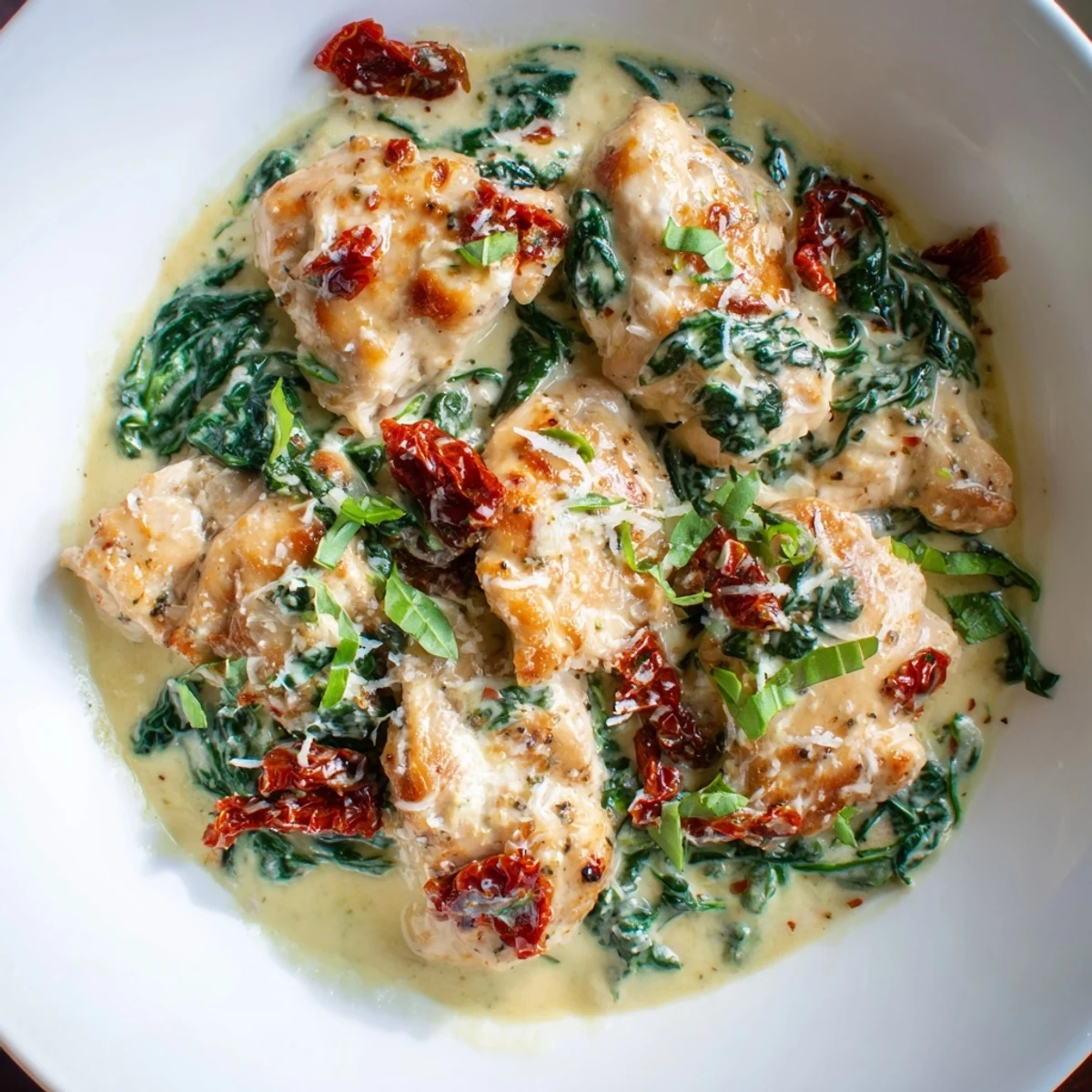 Golden pan-seared chicken breasts nestled in rich low carb creamy Tuscan chicken sauce with sun-dried tomatoes