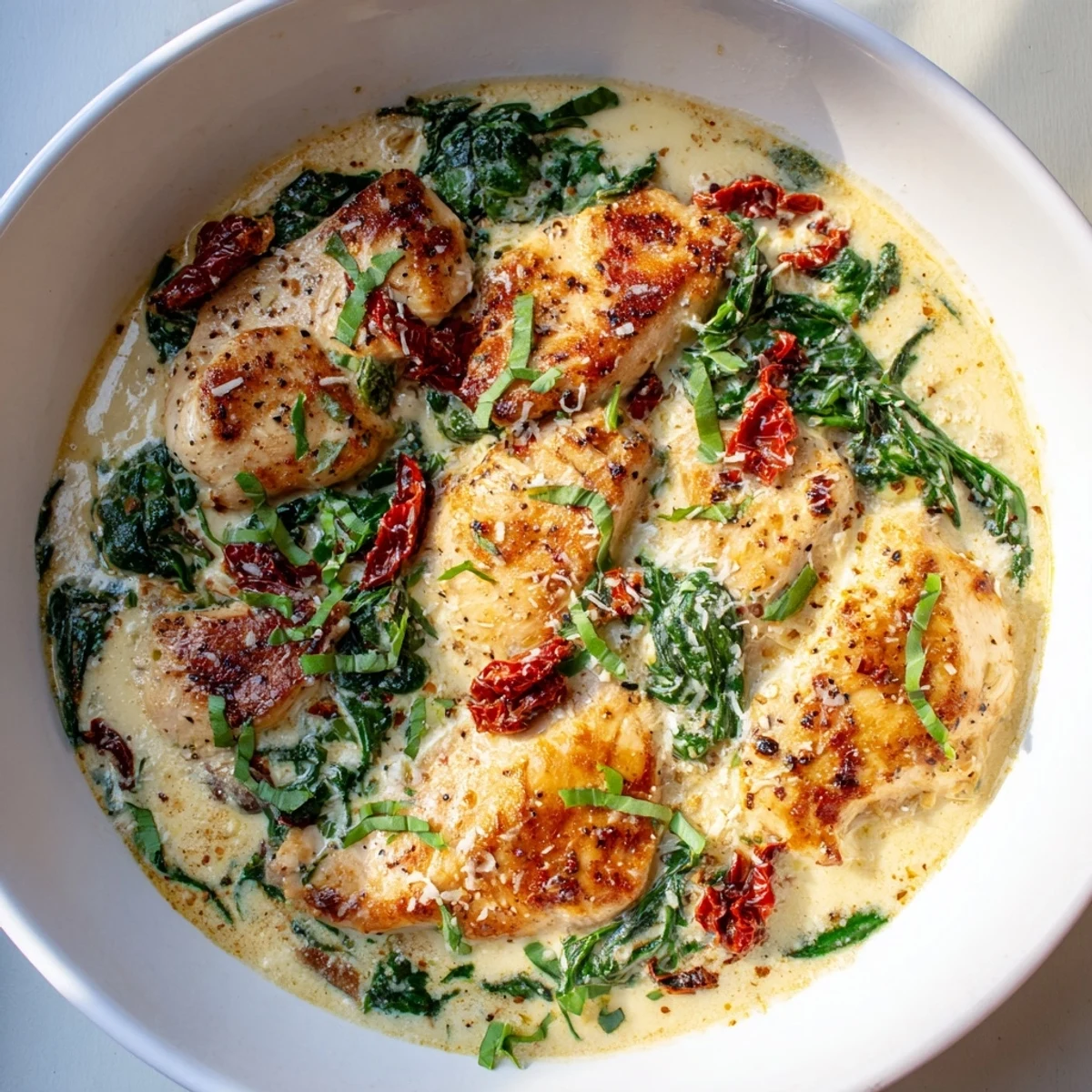 Savory low carb creamy Tuscan chicken simmered with garlic herbs and tender baby spinach leaves