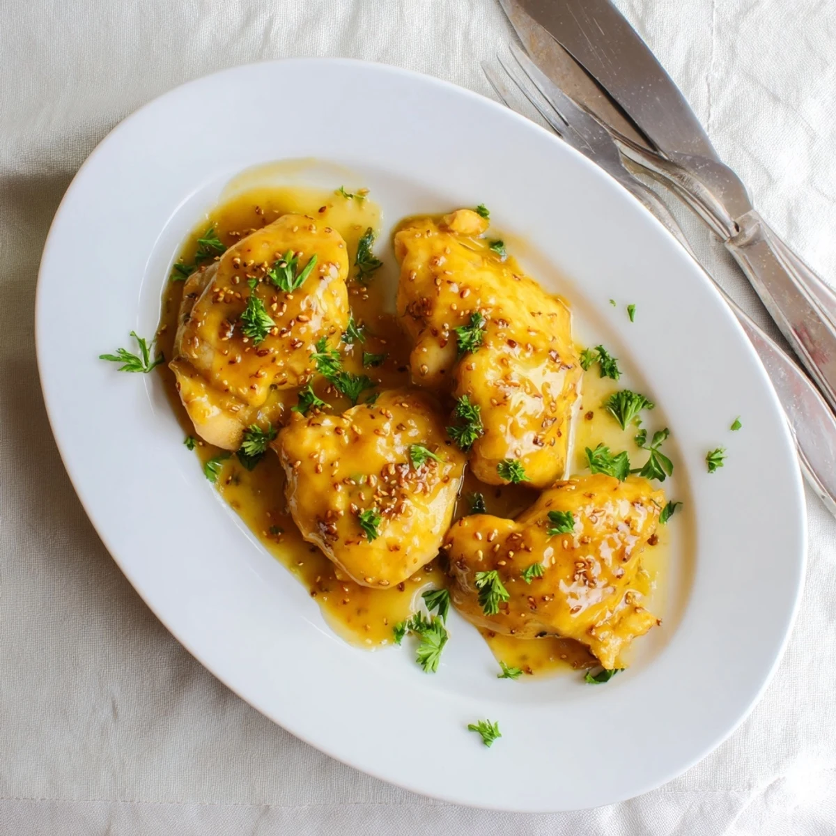 Juicy chicken pieces coated in caramelized honey mustard mixture fresh from the oven