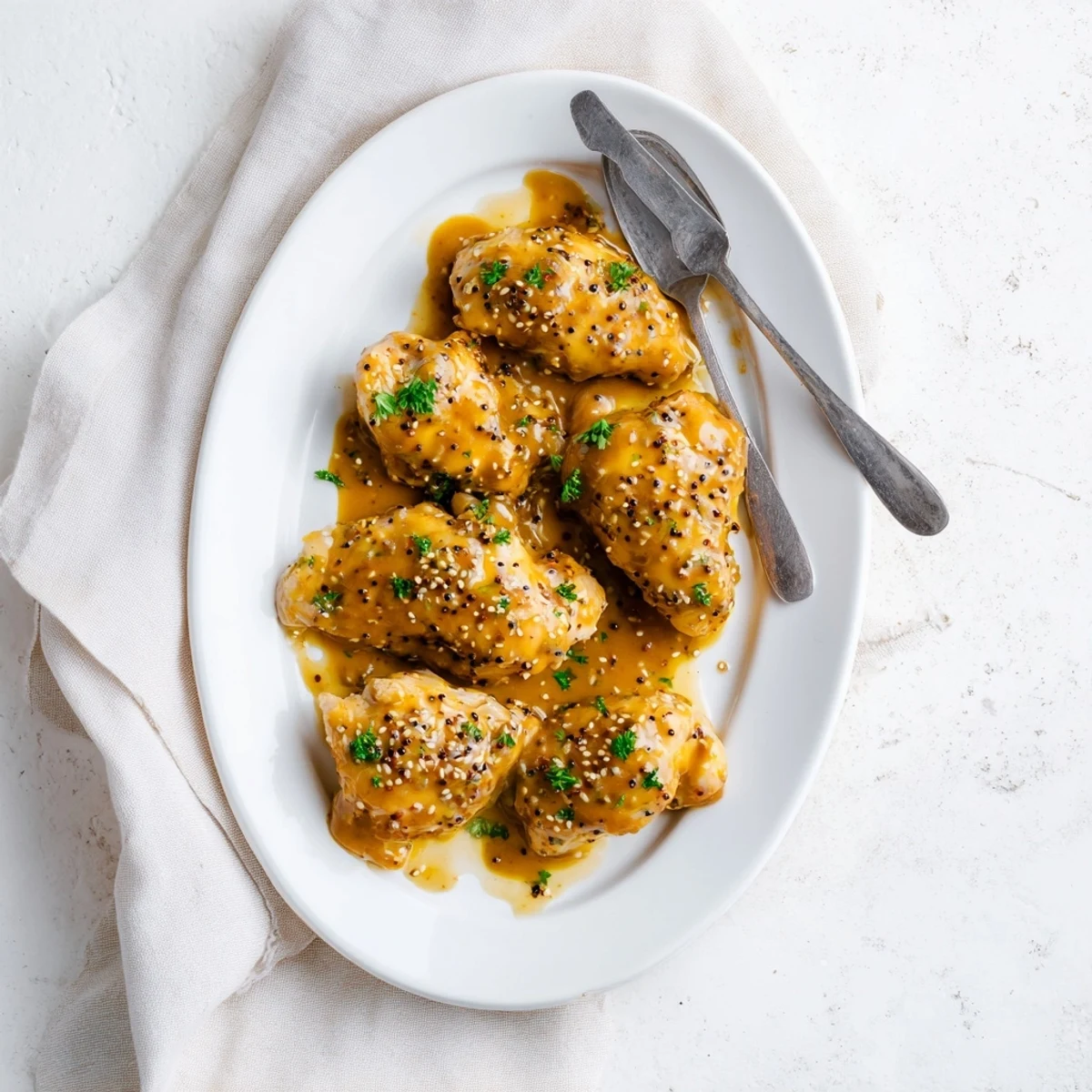 Golden brown oven baked honey mustard chicken breasts glazed in bubbling sweet tangy sauce