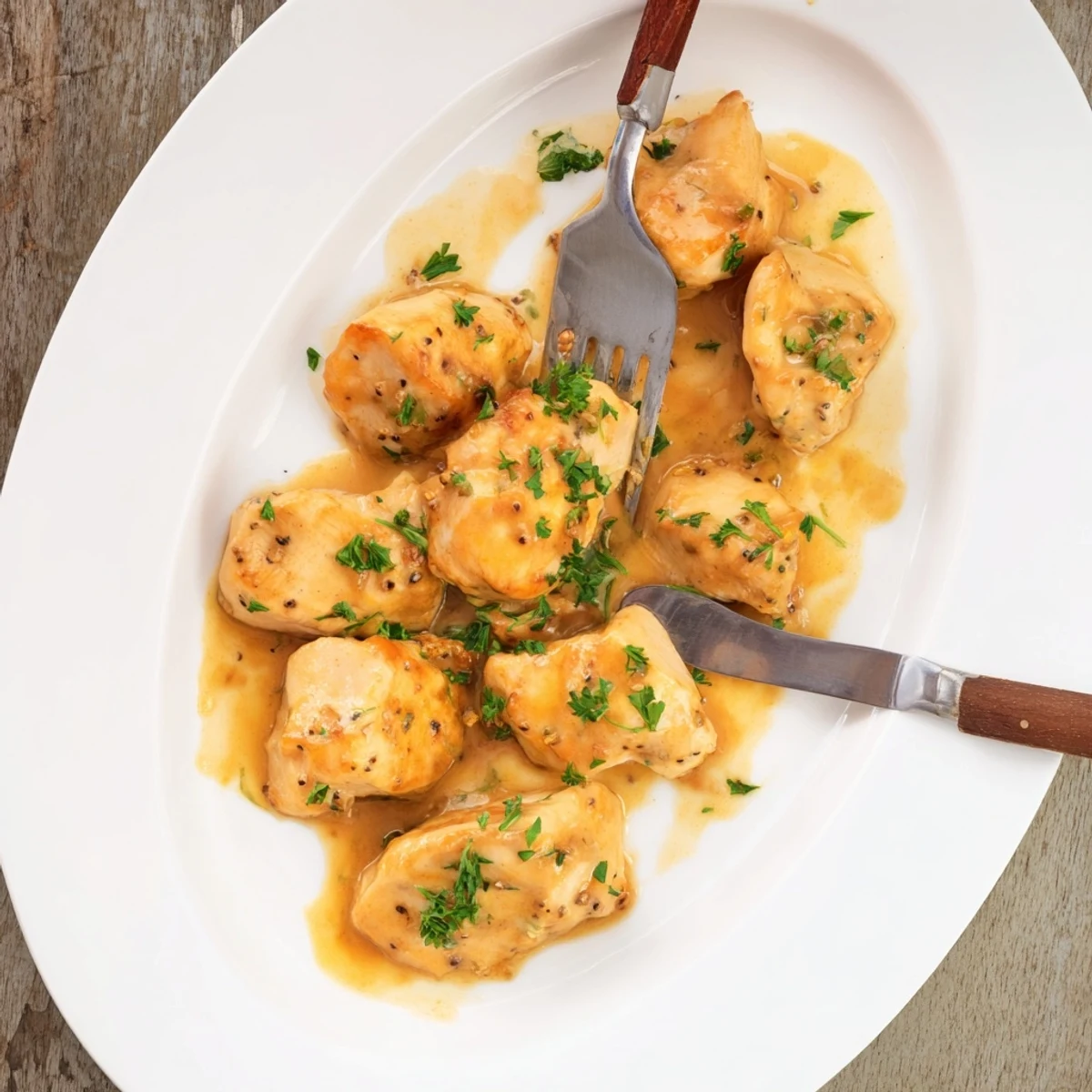 Baked honey mustard chicken resting on plate with garnish and glossy sauce coating