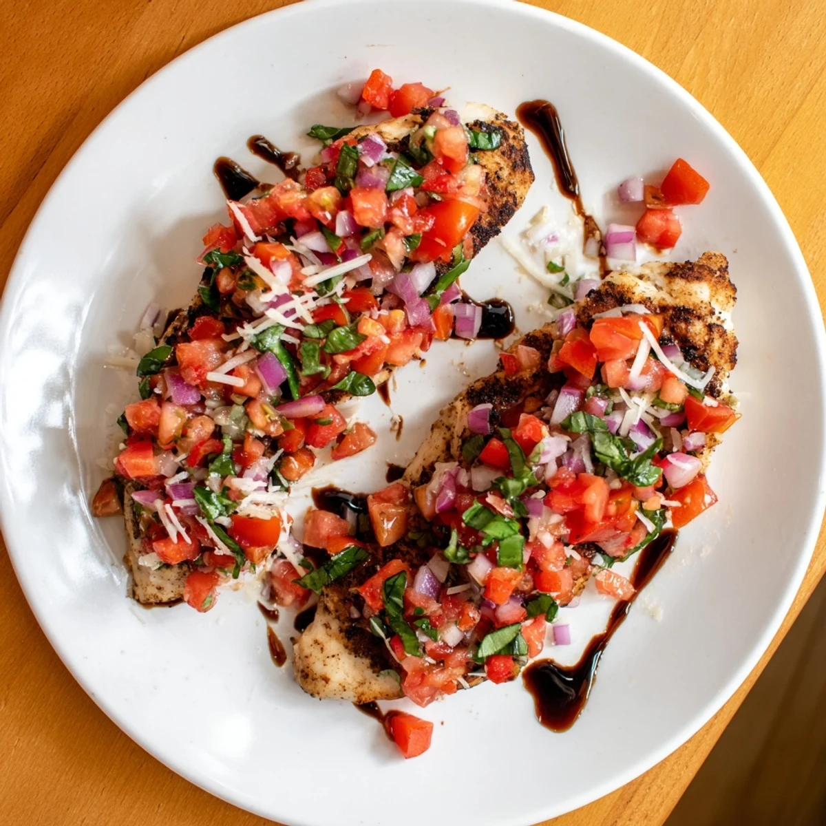 Juicy baked chicken breasts crowned with vibrant diced tomato bruschetta and melted mozzarella cheese