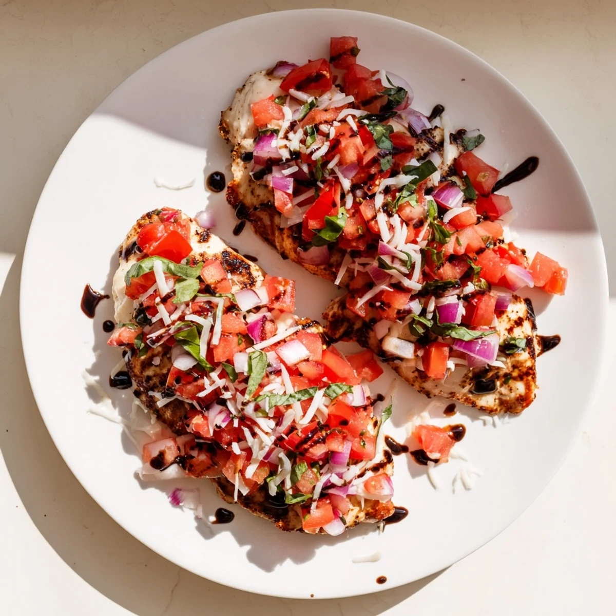Italian-style bruschetta chicken featuring seasoned meat topped with colorful tomatoes and rich balsamic drizzle