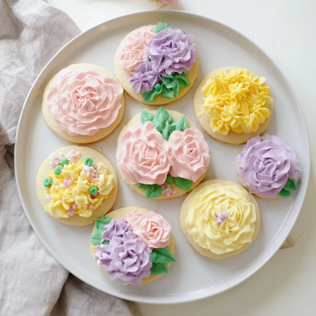 Beautiful buttercream flower cookies with colorful rosettes and green leaves piped on round treats