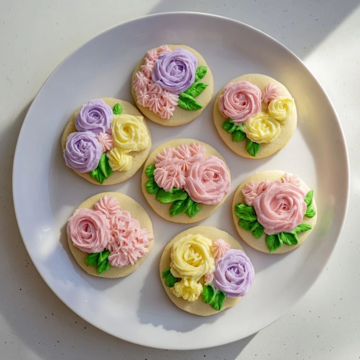 Hand-piped buttercream flower cookies featuring pastel blossoms arranged on golden sugar cookie bases