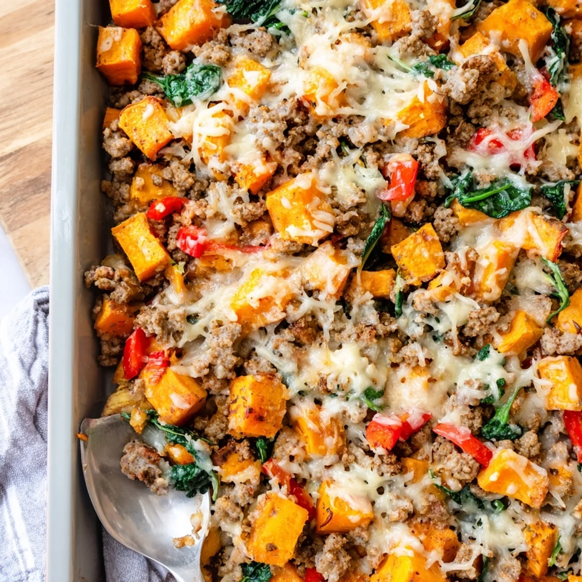 Golden bubbly ground turkey sweet potato bake casserole with melted mozzarella and colorful vegetables