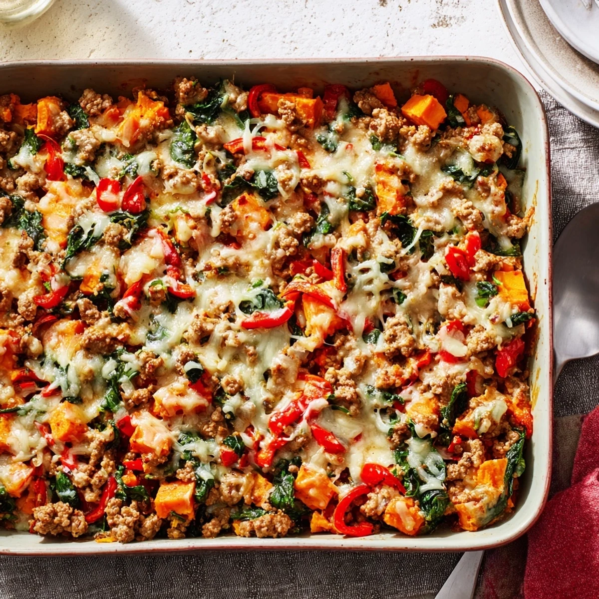 Savory ground turkey sweet potato bake casserole featuring tender diced potatoes and vibrant red peppers