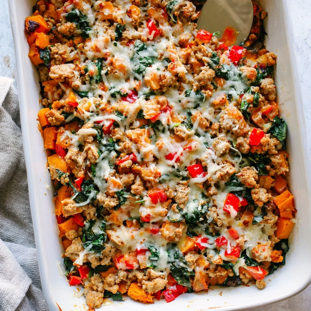 Hearty ground turkey sweet potato bake casserole fresh from the oven with cheesy golden topping
