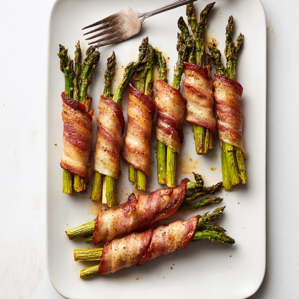 Tender green asparagus spears wrapped in crispy smoked bacon bundles on a white baking sheet