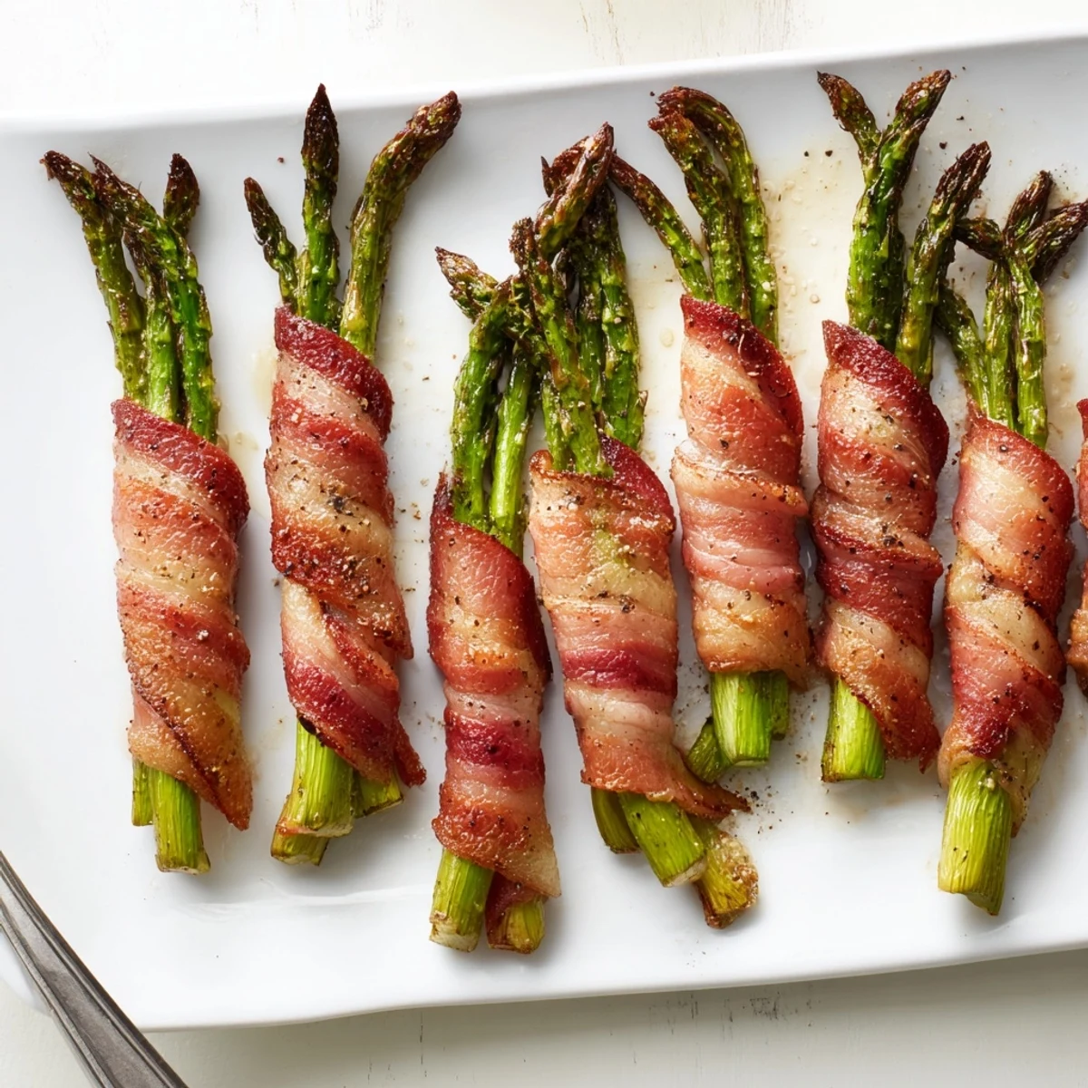 Golden brown bacon wrapped asparagus roasted until perfectly crisp and ready to serve as appetizer