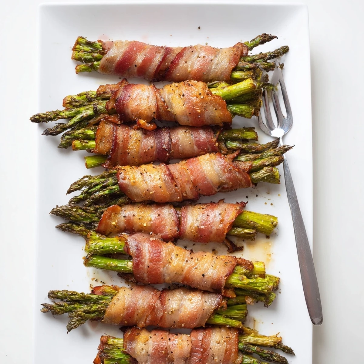 Savory bacon wrapped asparagus spears arranged on a plate with the bacon fully cooked and sizzling