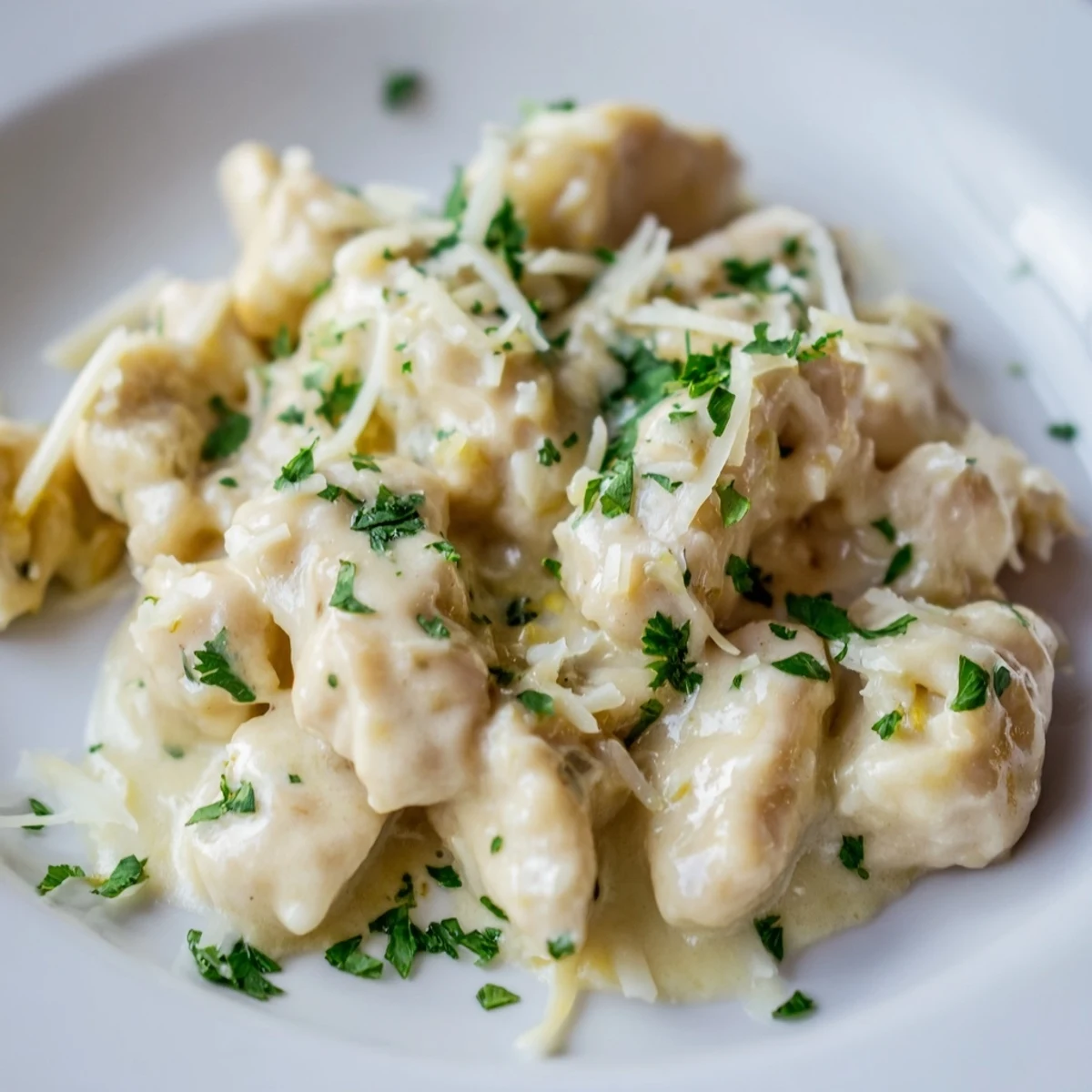 Tender chicken breasts swimming in rich garlic Parmesan sauce after slow cooking for hours