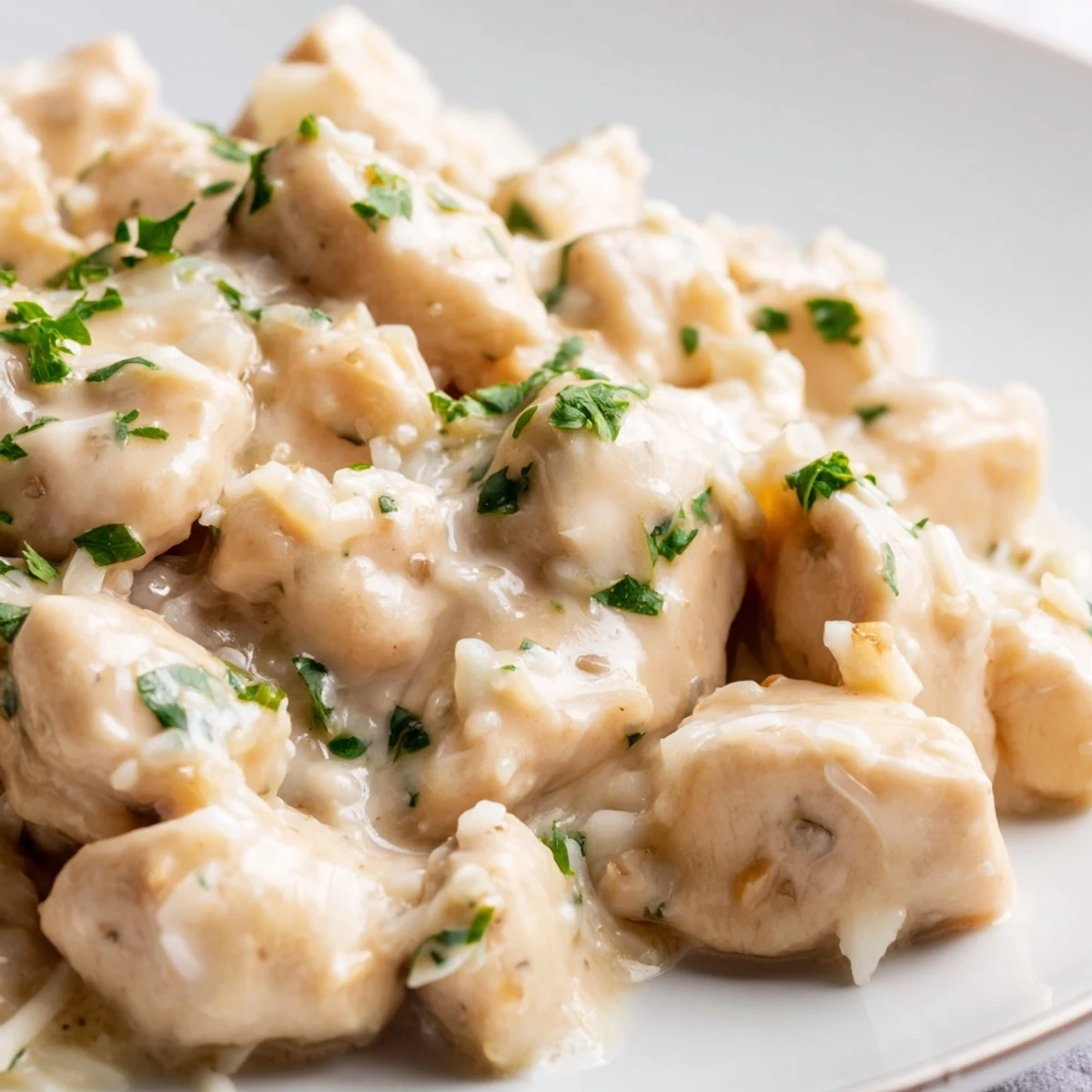 Golden Crockpot Creamy Garlic Parmesan Chicken garnished with fresh parsley over steaming white rice