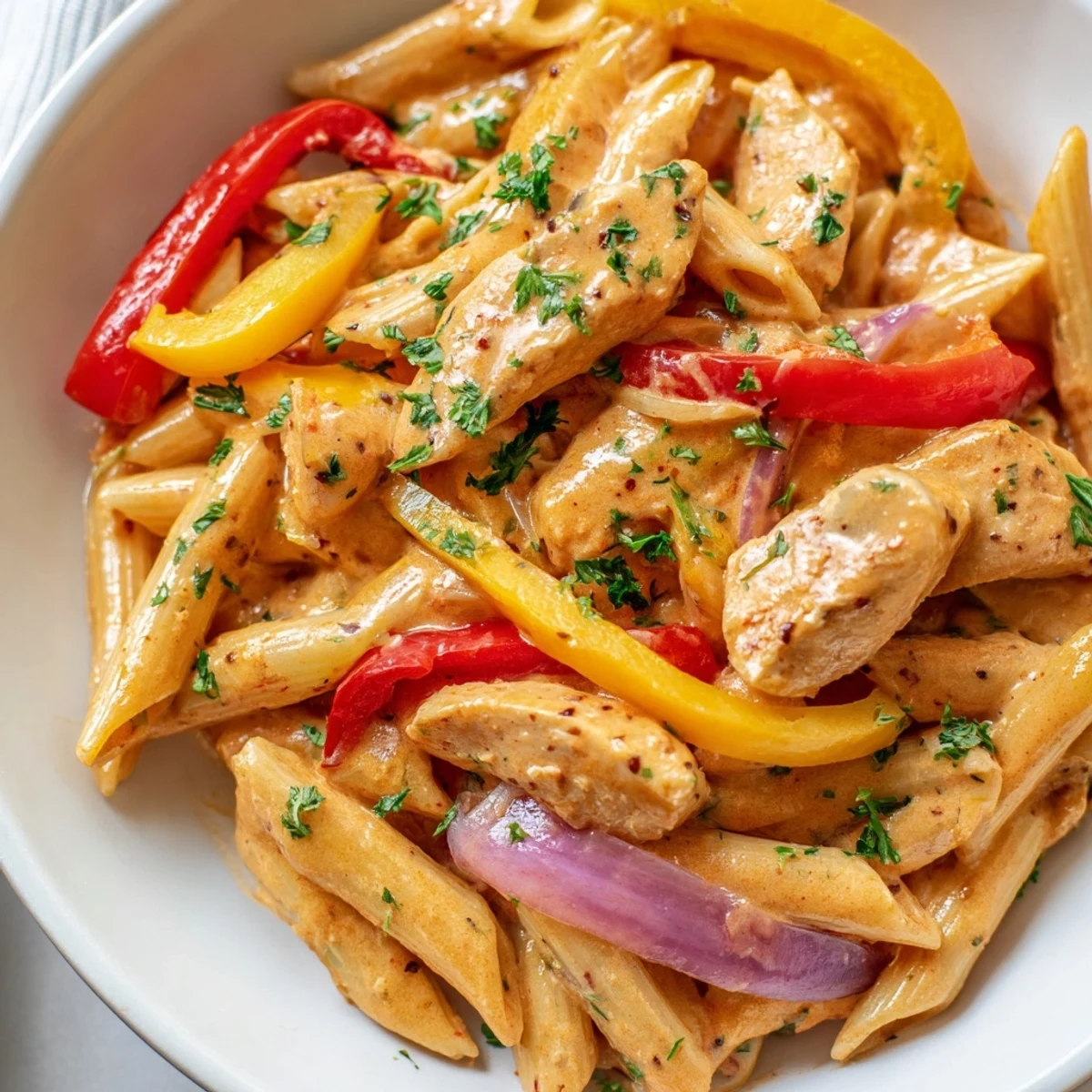 Creamy Cajun chicken pasta tossed in rich spicy sauce with colorful bell peppers and tender seasoned chicken strips
