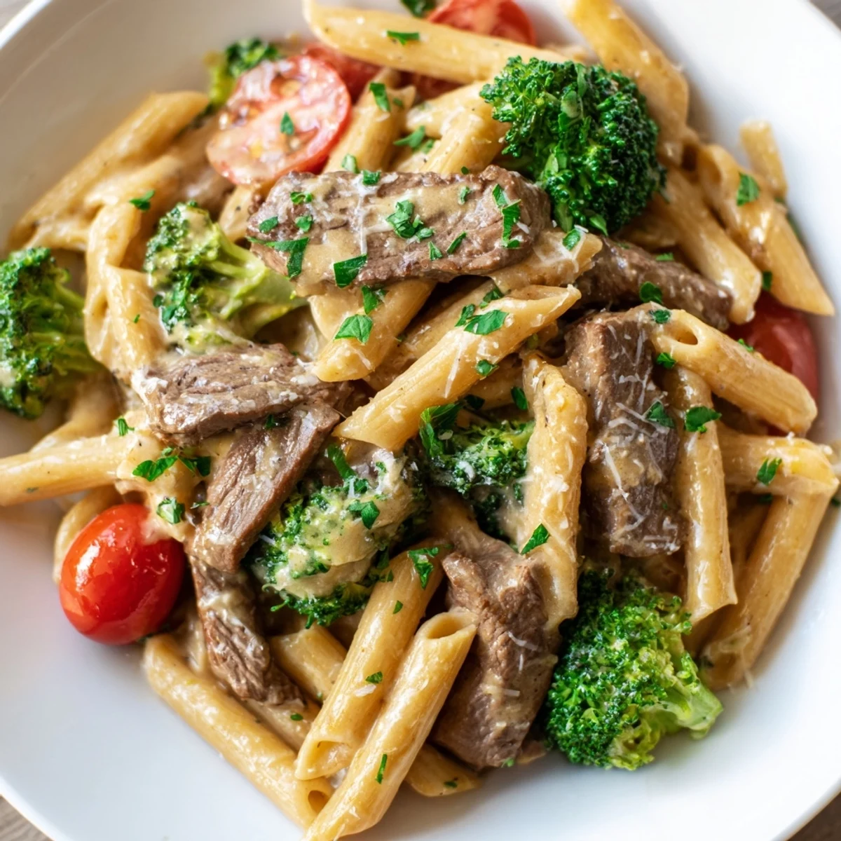 Creamy garlic steak penne pasta with broccoli florets and cherry tomatoes in white sauce